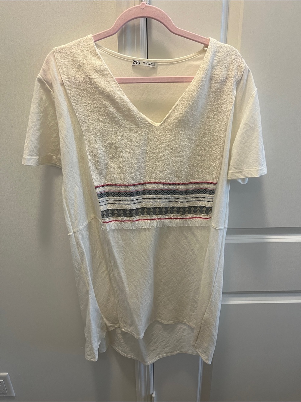 Zara Cream V-Neck Tunic with Navy and Red Embroidered Bands
